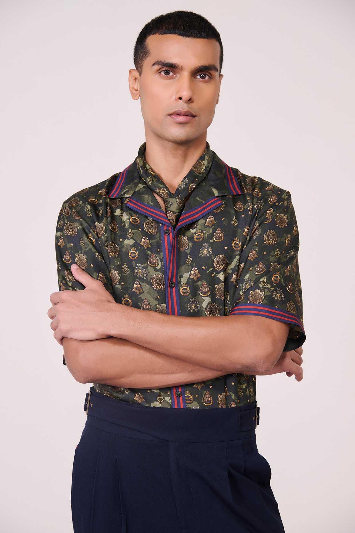 Military Green Silk Twill Printed Shirt by S&N by Shantnu Nikhil Men