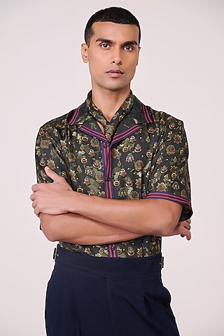 Military Green Silk Twill Printed Shirt by S&N by Shantnu Nikhil Men