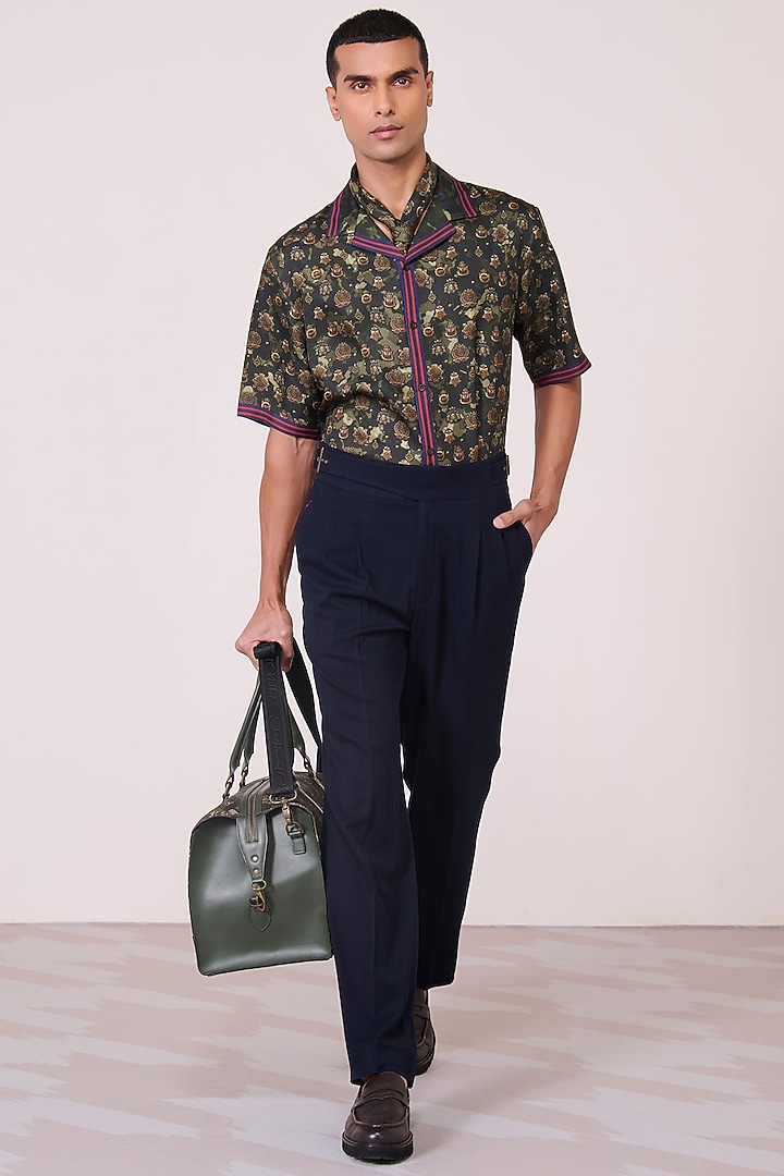 Military Green Silk Twill Printed Wedding Shirt by S&N by Shantnu Nikhil Men at Pernia's Pop Up Shop