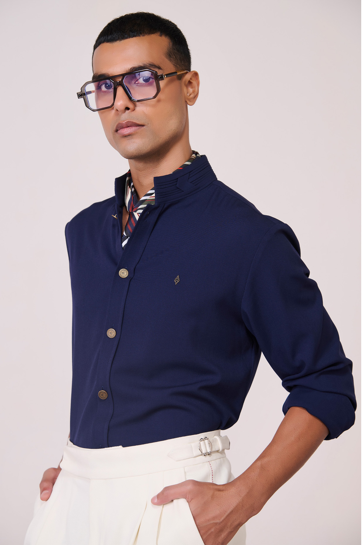 Navy Tencel Rayon Spandex Shirt by S&N by Shantnu Nikhil Men