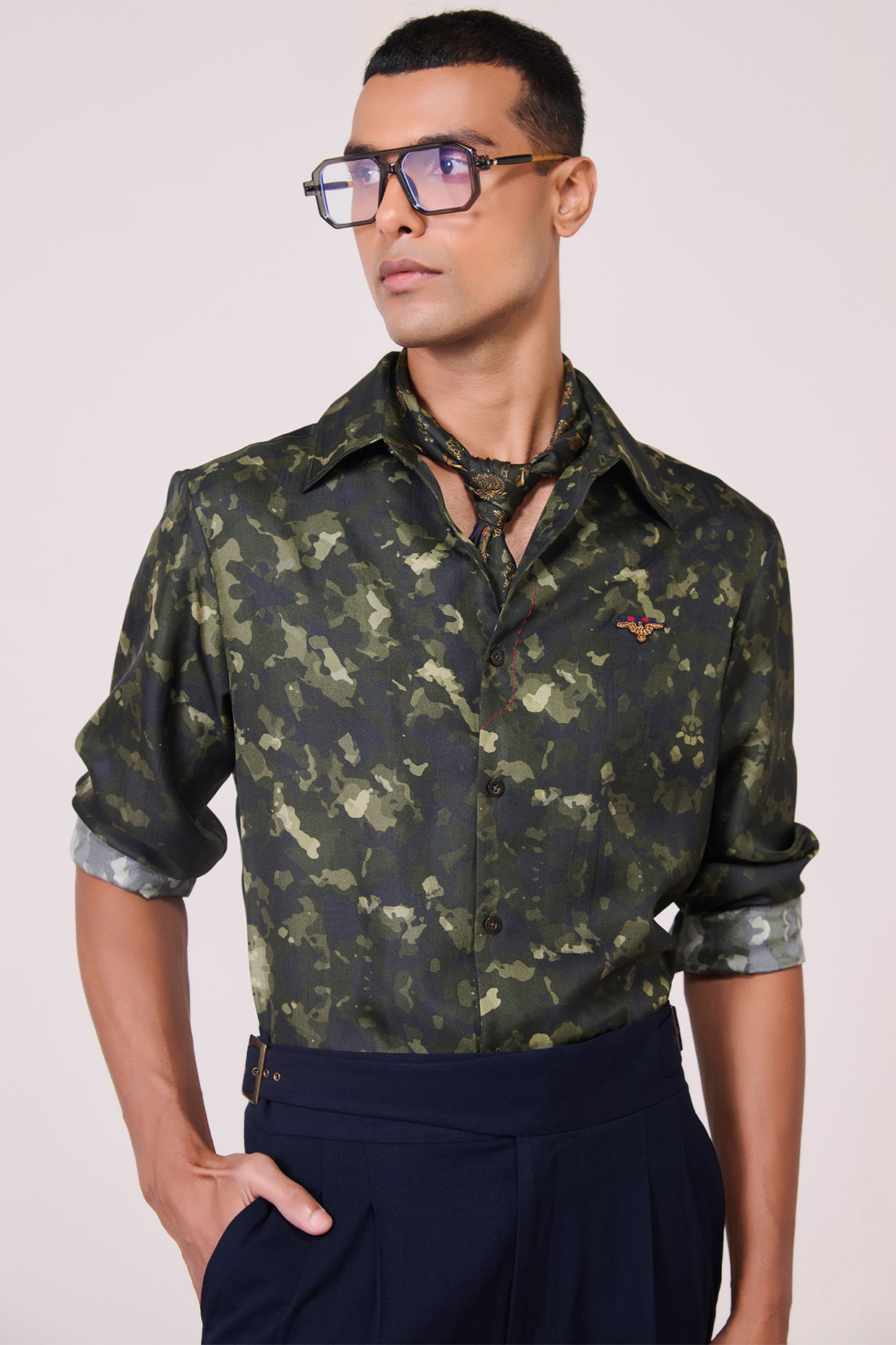 Camo Green Silk Twill Printed Shirt by S&N by Shantnu Nikhil Men