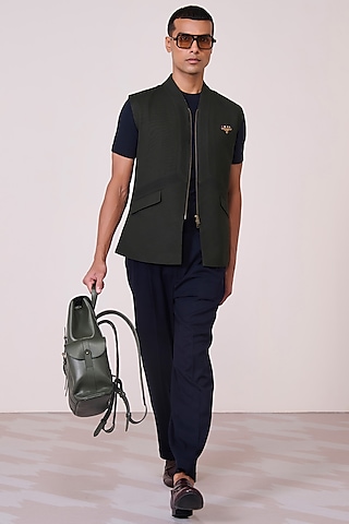 Olive Tencel Rayon Spandex Machine Embroidered Waistcoat by S&N by Shantnu Nikhil Men