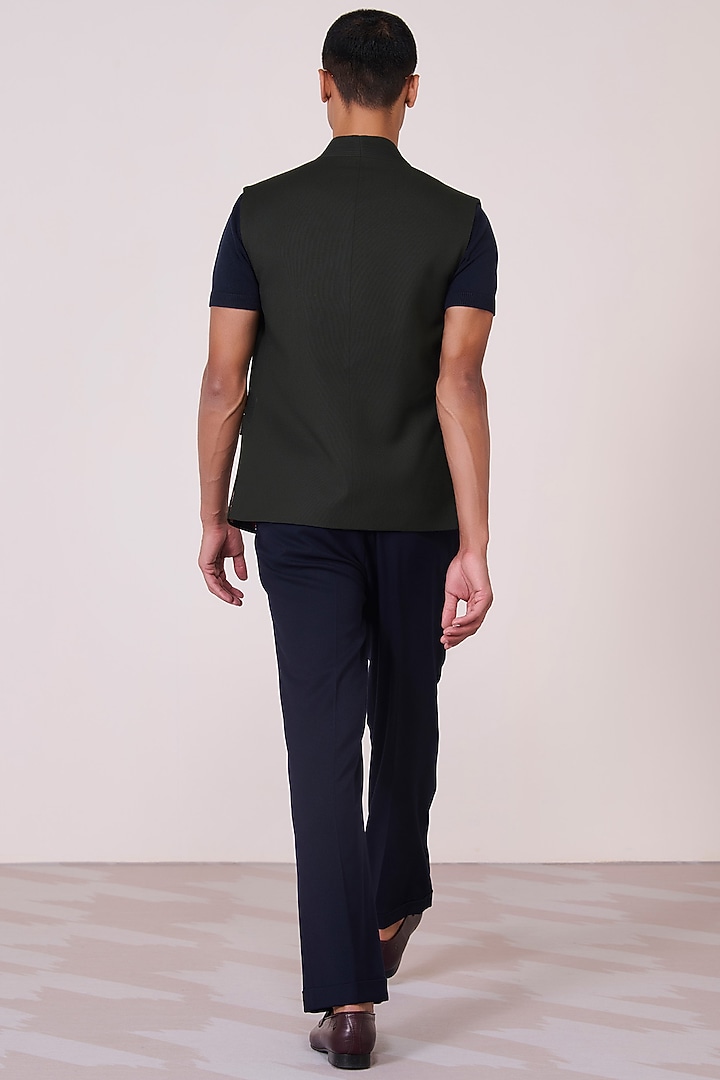 Olive Tencel Rayon Spandex Machine Embroidered Waistcoat by S&N by Shantnu Nikhil Men at Pernia's Pop Up Shop