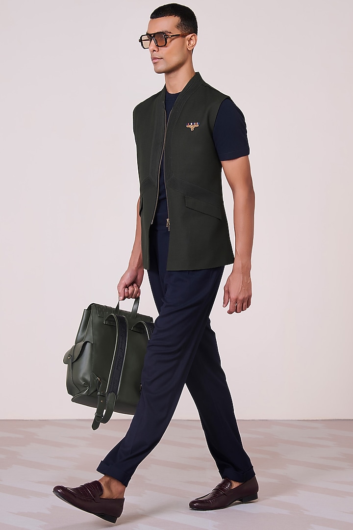 Olive Tencel Rayon Spandex Machine Embroidered Waistcoat by S&N by Shantnu Nikhil Men at Pernia's Pop Up Shop