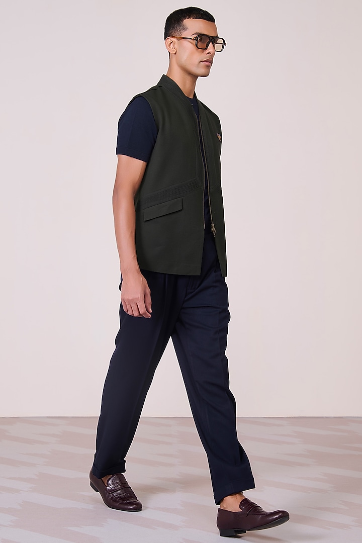 Olive Tencel Rayon Spandex Machine Embroidered Waistcoat by S&N by Shantnu Nikhil Men at Pernia's Pop Up Shop