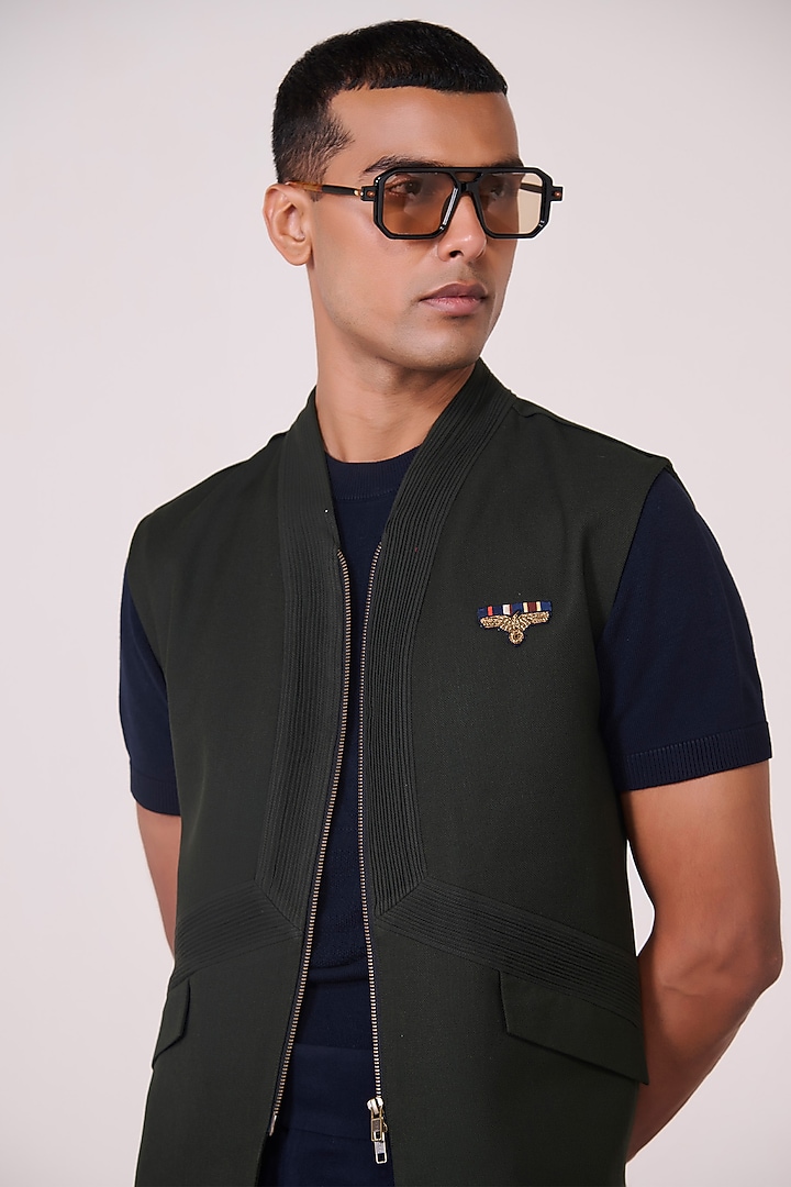 Olive Tencel Rayon Spandex Machine Embroidered Waistcoat by S&N by Shantnu Nikhil Men at Pernia's Pop Up Shop