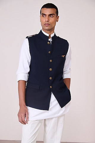 Navy Tencel Rayon Spandex Waistcoat by S&N by Shantnu Nikhil Men