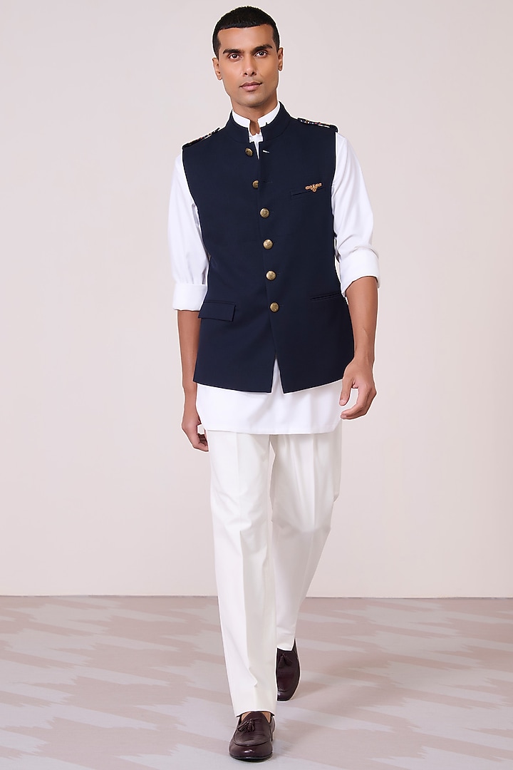 Navy Tencel Rayon Spandex Waistcoat by S&N by Shantnu Nikhil Men at Pernia's Pop Up Shop