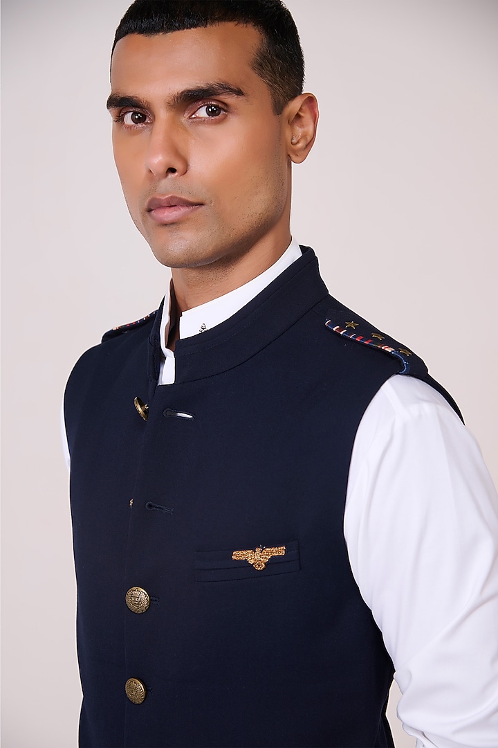 Navy Tencel Rayon Spandex Waistcoat by S&N by Shantnu Nikhil Men at Pernia's Pop Up Shop