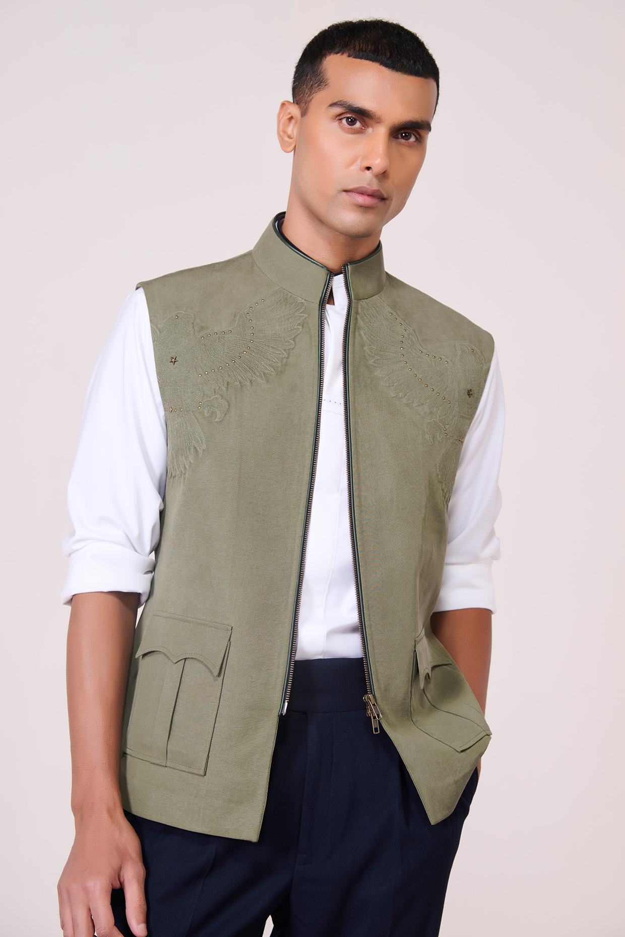 Military Green Lyocell Linen Waistcoat by S&N by Shantnu Nikhil Men