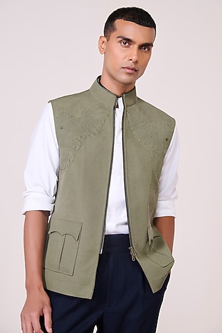 Military Green Lyocell Linen Waistcoat by S&N by Shantnu Nikhil Men