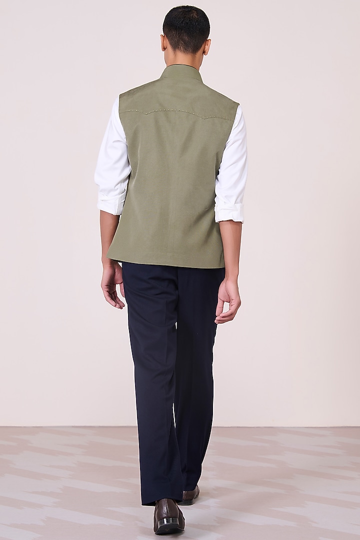 Military Green Lyocell Linen Waistcoat by S&N by Shantnu Nikhil Men at Pernia's Pop Up Shop
