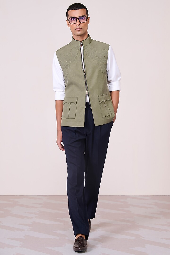 Military Green Lyocell Linen Waistcoat by S&N by Shantnu Nikhil Men at Pernia's Pop Up Shop