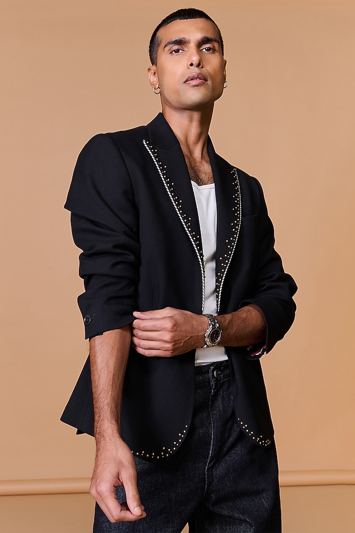 Black Poly Blend Viscose Lycra Rivet Blazer by S&N by Shantnu Nikhil Men at Pernia's Pop Up Shop