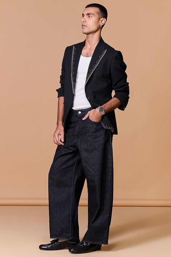 Black Poly Blend Viscose Lycra Rivet Blazer by S&N by Shantnu Nikhil Men at Pernia's Pop Up Shop