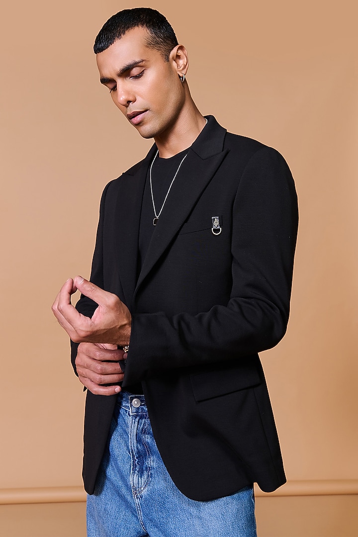 Black Poly Blend Viscose Lycra Blazer by S&N by Shantnu Nikhil Men at Pernia's Pop Up Shop