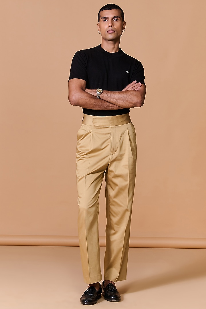 Beige Cotton Satin Lycra High-Waisted Trousers by S&N by Shantnu Nikhil Men at Pernia's Pop Up Shop