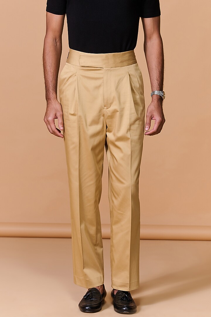 Beige Cotton Satin Lycra High-Waisted Trousers by S&N by Shantnu Nikhil Men at Pernia's Pop Up Shop