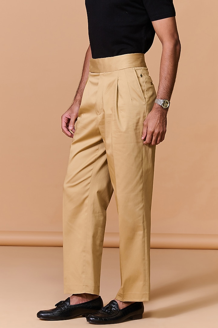 Beige Cotton Satin Lycra High-Waisted Trousers by S&N by Shantnu Nikhil Men at Pernia's Pop Up Shop