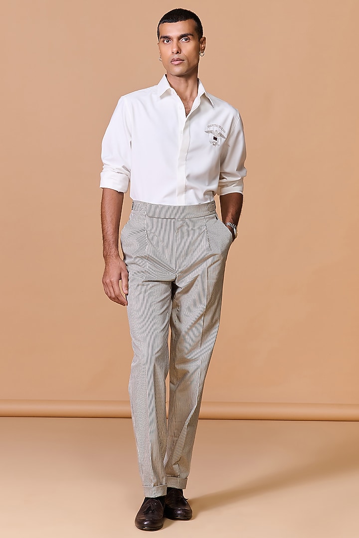 Off-White Cotton Poly Blend Striped Trousers by S&N by Shantnu Nikhil Men at Pernia's Pop Up Shop