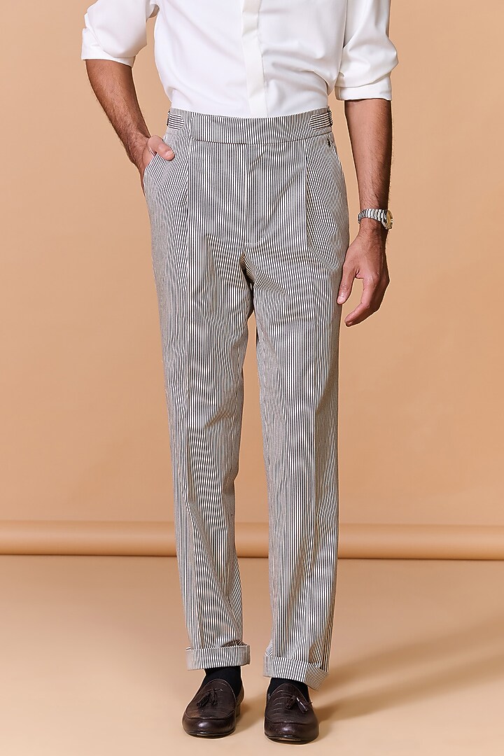 Off-White Cotton Poly Blend Striped Trousers by S&N by Shantnu Nikhil Men at Pernia's Pop Up Shop