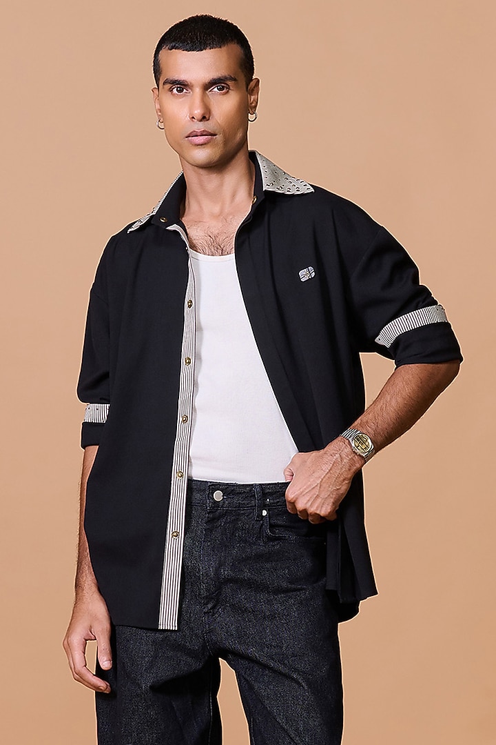 Black Terylene Viscose Lycra Wedding Shirt by S&N by Shantnu Nikhil Men at Pernia's Pop Up Shop