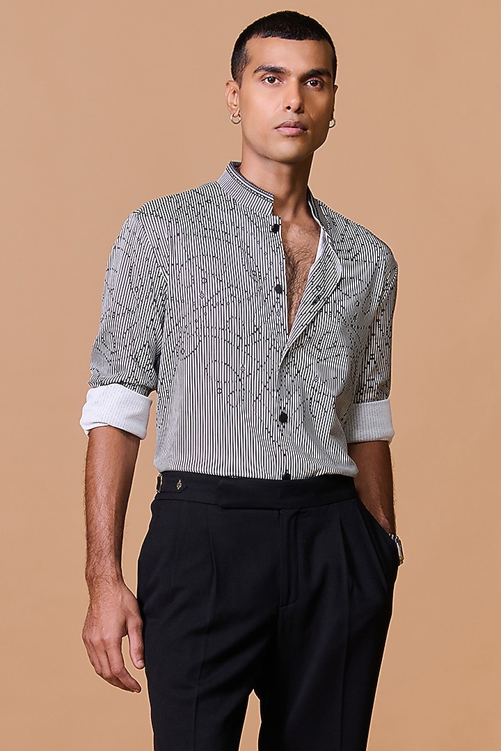 Grey Crepe Jersey Printed Wedding Shirt by S&N by Shantnu Nikhil Men at Pernia's Pop Up Shop