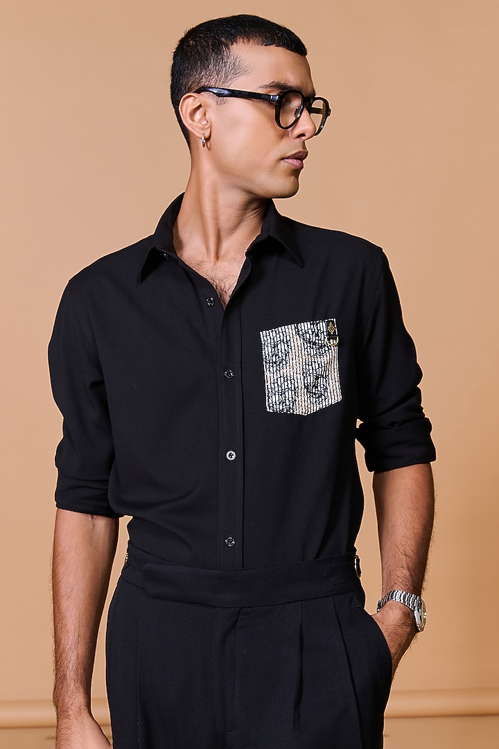 Black Terylene Viscose Lycra Wedding Shirt by S&N by Shantnu Nikhil Men at Pernia's Pop Up Shop