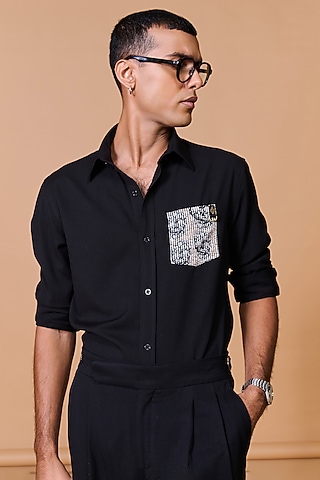 Black Terylene Viscose Lycra Shirt by S&N by Shantnu Nikhil Men