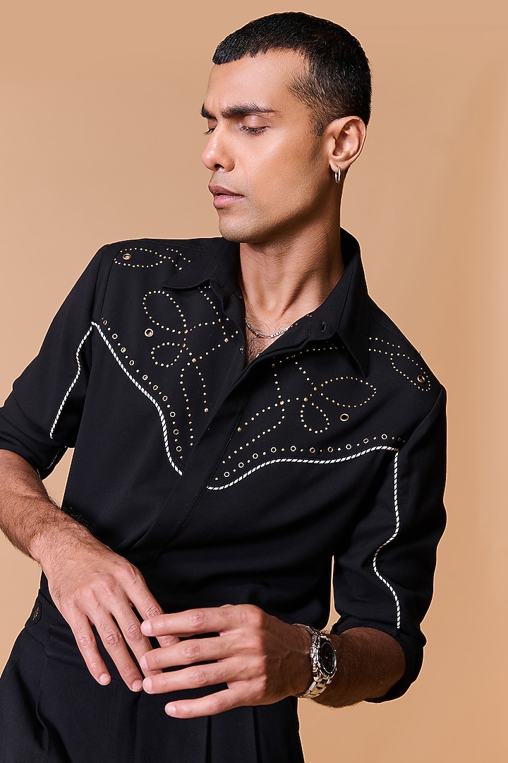 Black Terylene Viscose Lycra Embellished Wedding Shirt by S&N by Shantnu Nikhil Men at Pernia's Pop Up Shop