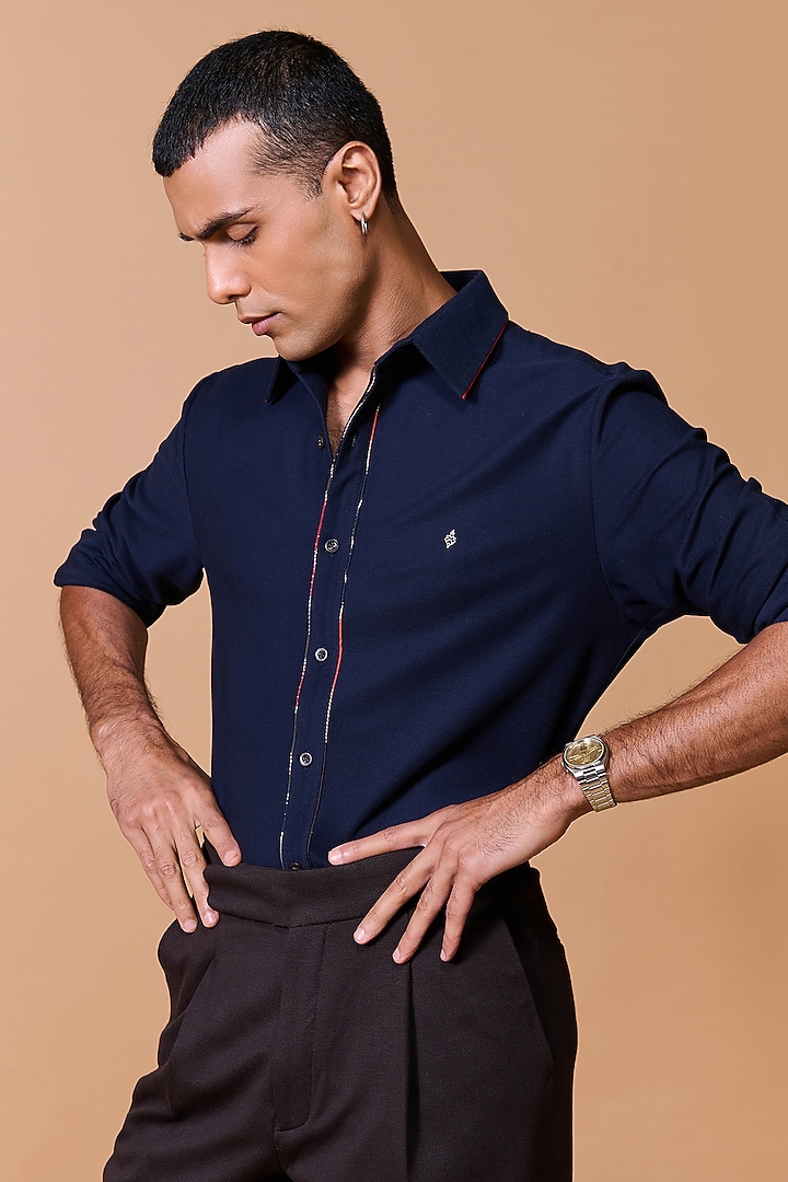 Navy Poly Blend Viscose Lycra Party Wear Shirt by S&N by Shantnu Nikhil Men at Pernia's Pop Up Shop
