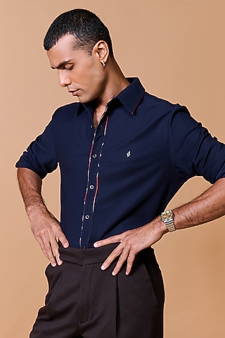 Navy Poly Blend Viscose Lycra Shirt by S&N by Shantnu Nikhil Men