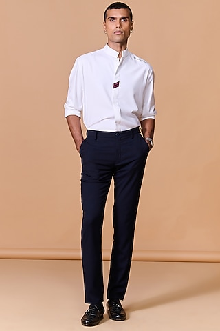 Navy Poly Blend Viscose Lycra Trousers by S&N by Shantnu Nikhil Men