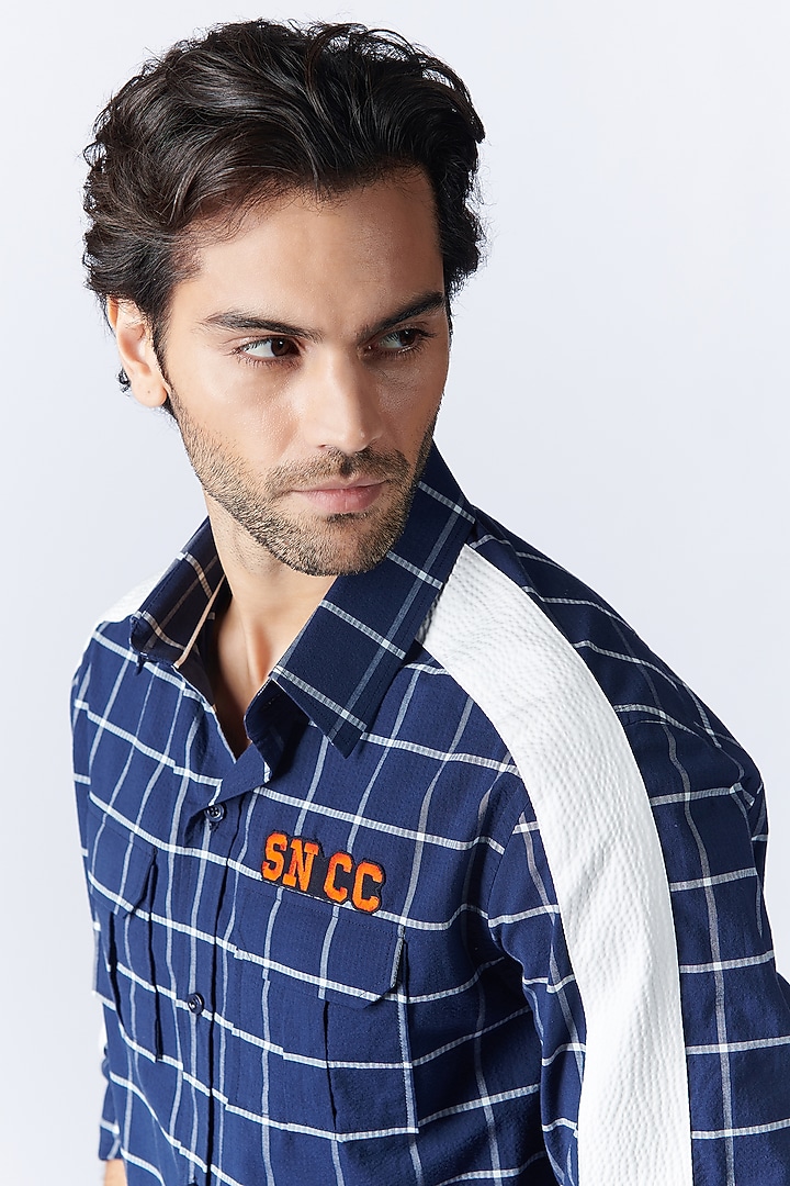 Navy Blue Seersucker Checks Wedding Shirt by S&N by Shantnu Nikhil Men at Pernia's Pop Up Shop