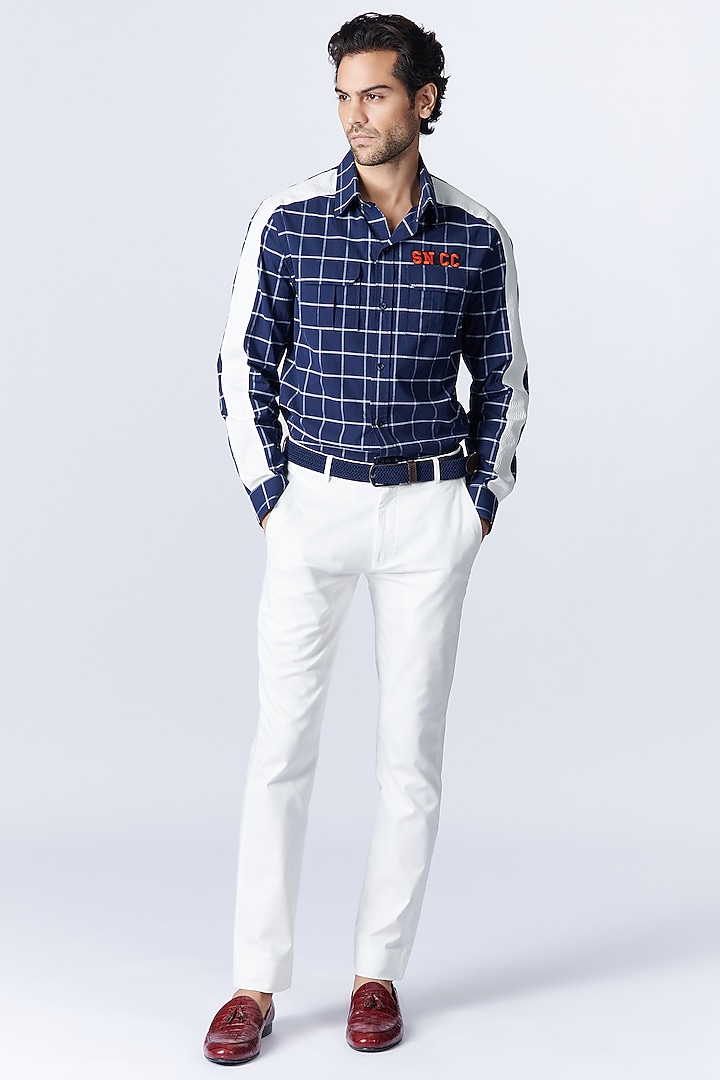 Navy Blue Seersucker Checks Wedding Shirt by S&N by Shantnu Nikhil Men at Pernia's Pop Up Shop