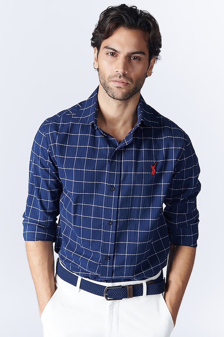 Navy Blue Seersucker Checks Shirt by S&N by Shantnu Nikhil Men