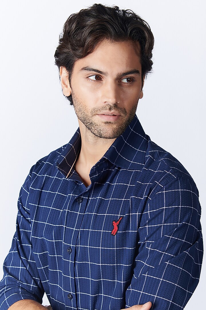 Navy Blue Seersucker Checks Party Wear Shirt by S&N by Shantnu Nikhil Men at Pernia's Pop Up Shop