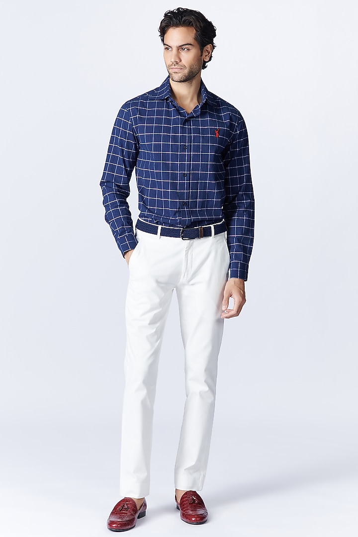 Navy Blue Seersucker Checks Party Wear Shirt by S&N by Shantnu Nikhil Men at Pernia's Pop Up Shop