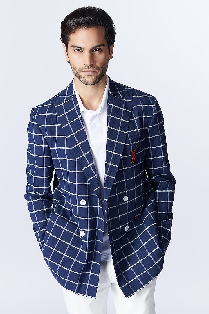 Navy Blue Seersucker Jacket by S&N by Shantnu Nikhil Men