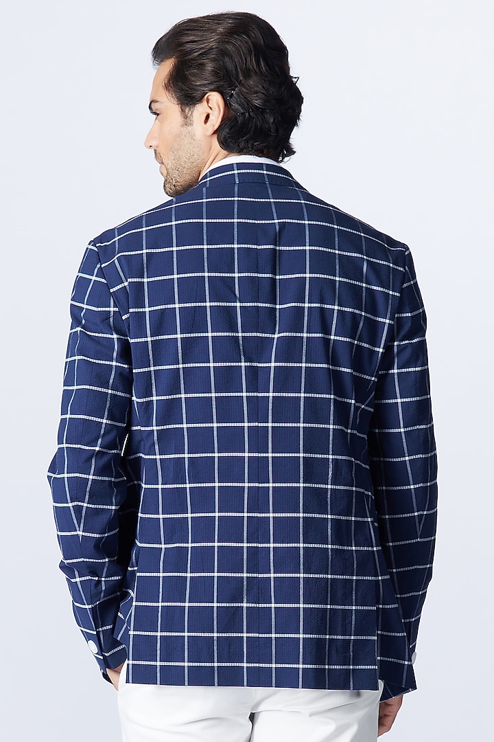 Navy Blue Seersucker Jacket by S&N by Shantnu Nikhil Men at Pernia's Pop Up Shop