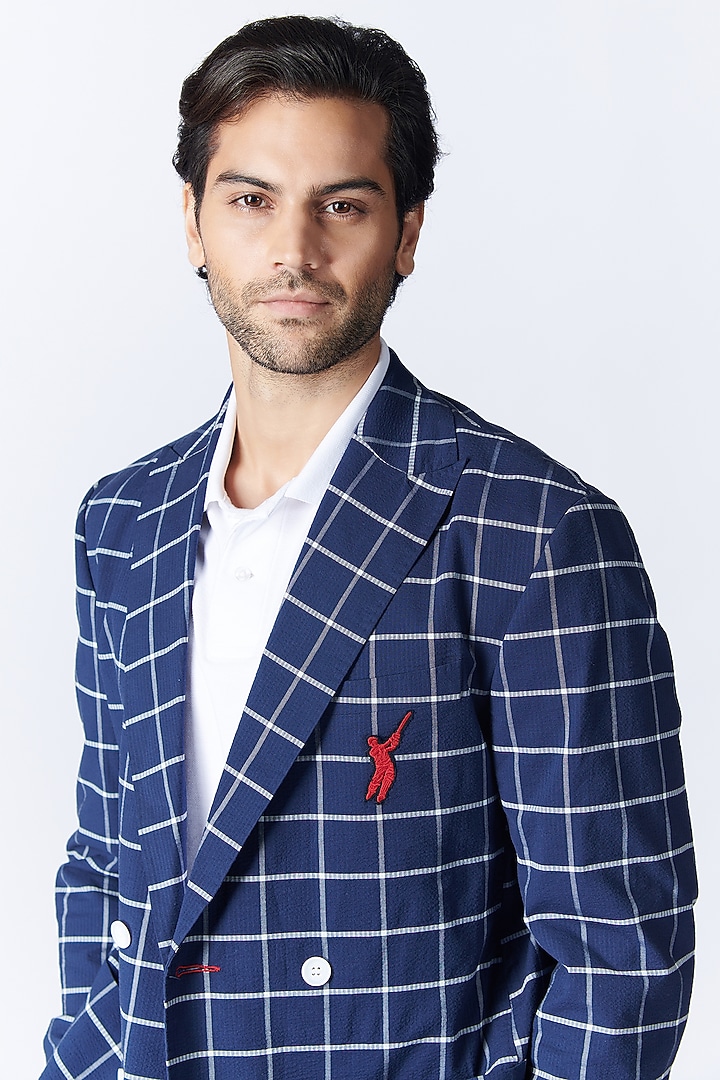 Navy Blue Seersucker Jacket by S&N by Shantnu Nikhil Men at Pernia's Pop Up Shop