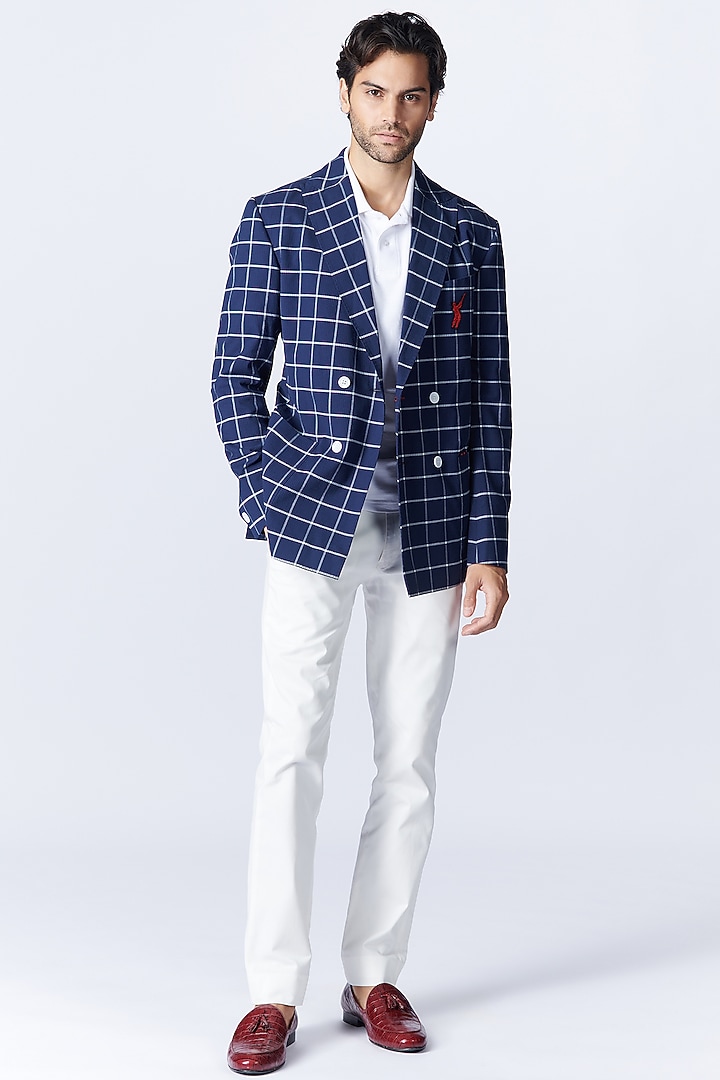 Navy Blue Seersucker Jacket by S&N by Shantnu Nikhil Men at Pernia's Pop Up Shop