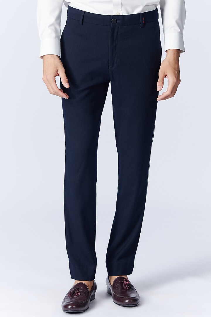 Navy Blue Terylene & Viscose Trousers by S&N by Shantnu Nikhil Men at Pernia's Pop Up Shop