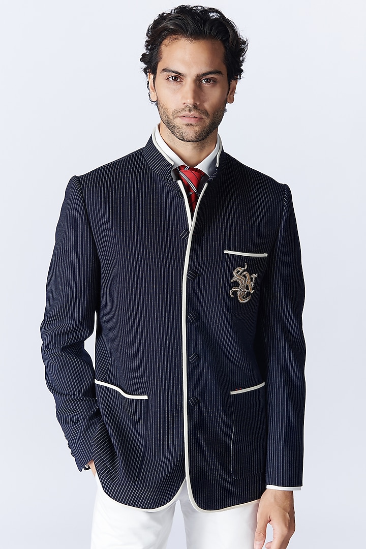 Navy Blue Korean Lycra Bandhgala Jacket by S&N by Shantnu Nikhil Men