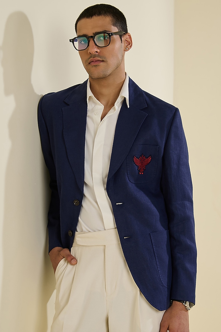 Deep Navy Blue Linen Jacket by S&N by Shantnu Nikhil Men at Pernia's Pop Up Shop