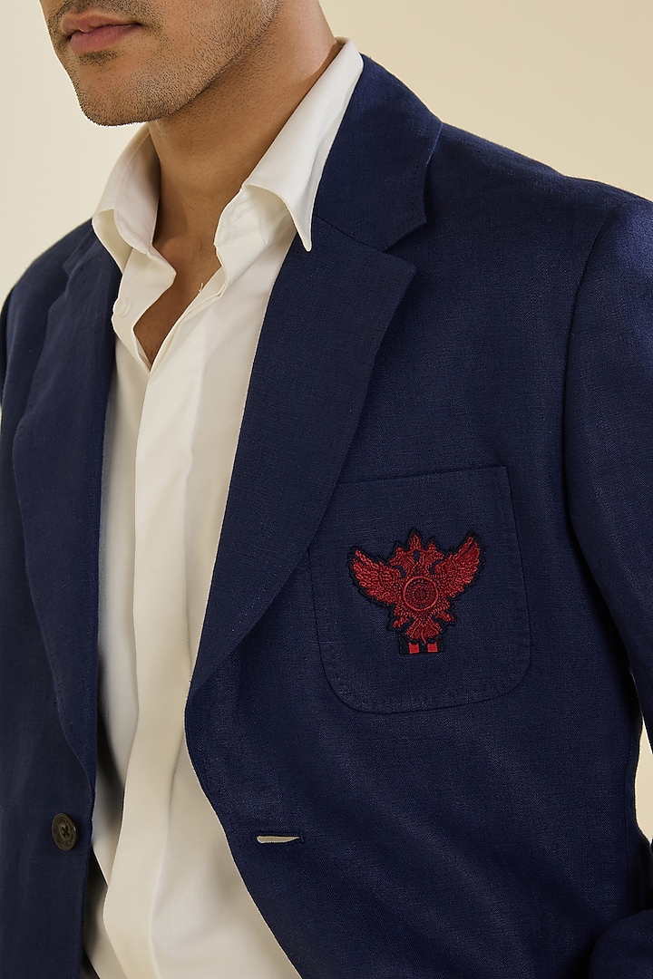 Deep Navy Blue Linen Jacket by S&N by Shantnu Nikhil Men at Pernia's Pop Up Shop