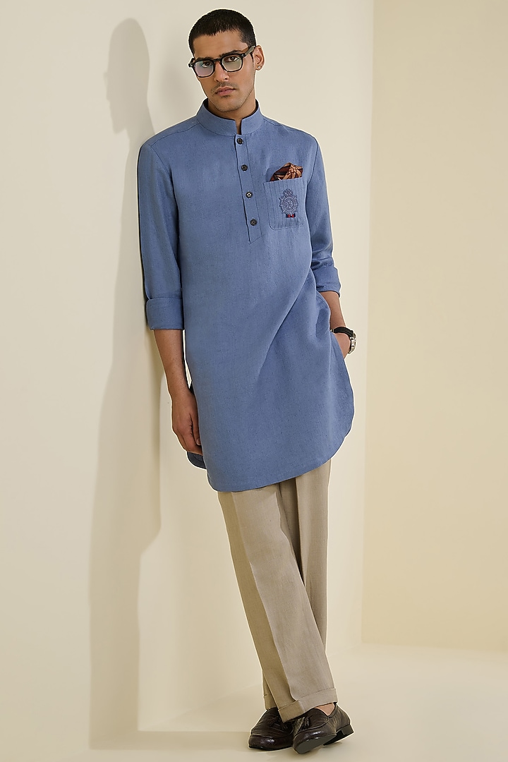 Denim Blue Linen Kurta by S&N by Shantnu Nikhil Men at Pernia's Pop Up Shop