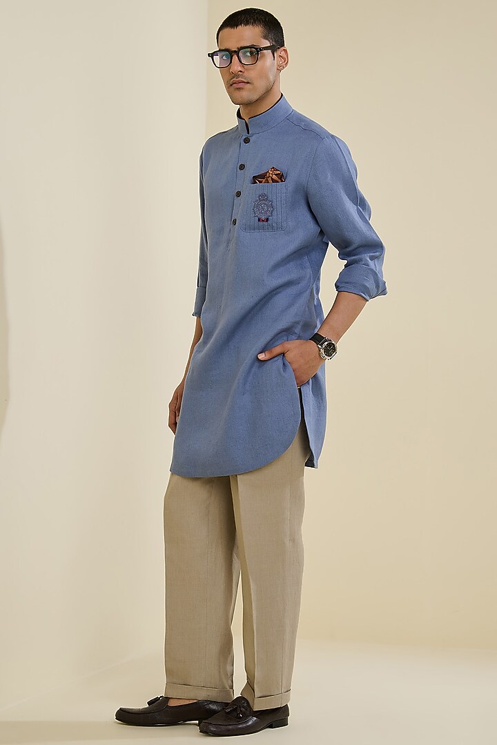 Denim Blue Linen Kurta by S&N by Shantnu Nikhil Men at Pernia's Pop Up Shop