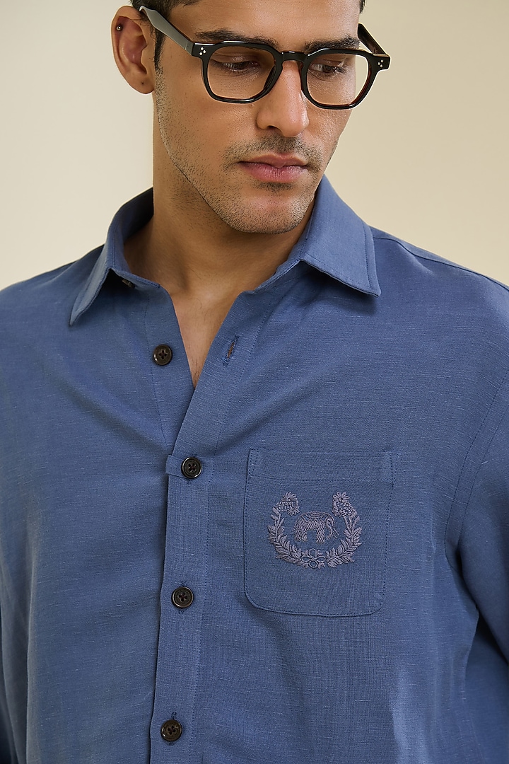 Denim Blue Linen Wedding Shirt by S&N by Shantnu Nikhil Men at Pernia's Pop Up Shop