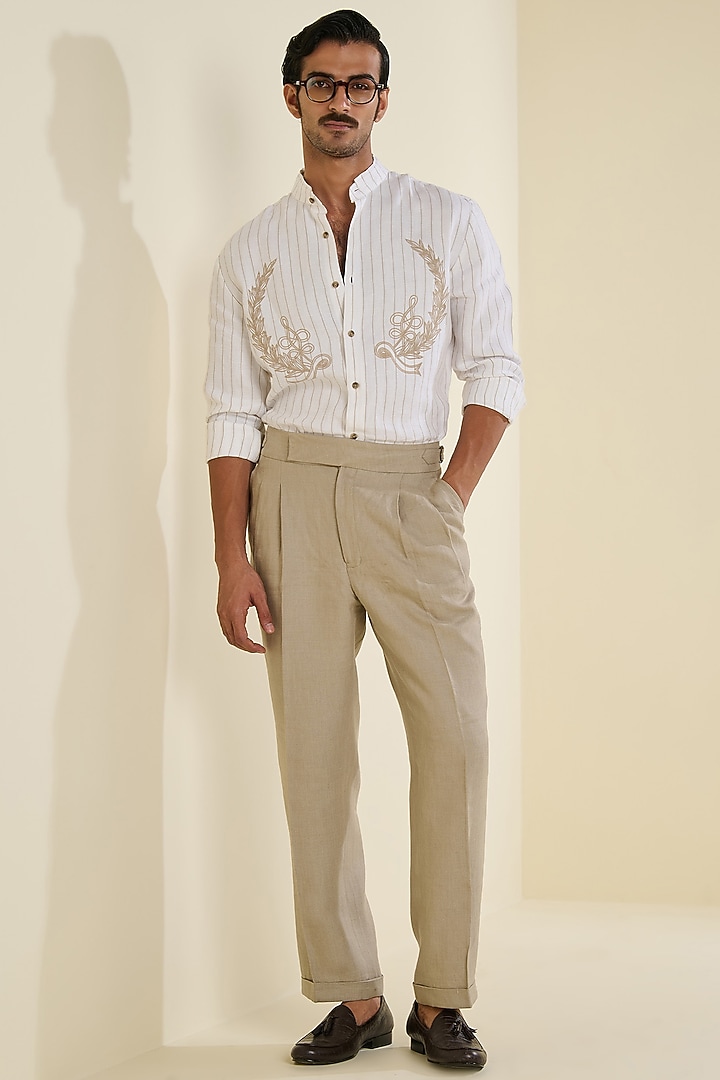 Ivory Linen Embroidered Striped Wedding Shirt by S&N by Shantnu Nikhil Men at Pernia's Pop Up Shop